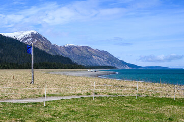 Alaska state flag blowing in the wind on a rustic log flagpole, small planes parked on the beach, Chinitna Bay, Lake Clark National Park, AK
