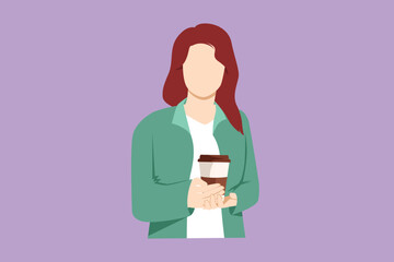 Character flat drawing waitress holding and serving paper cup of hot coffee in cafe. Beautiful young pretty woman showing hot drink in disposable paper cup symbol. Cartoon design vector illustration
