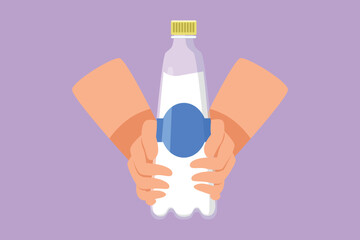 Graphic flat design drawing hands holding plastic bottle of pure drinking water refreshing and splash isolated on blue background. Hungry and thirsty for good health. Cartoon style vector illustration