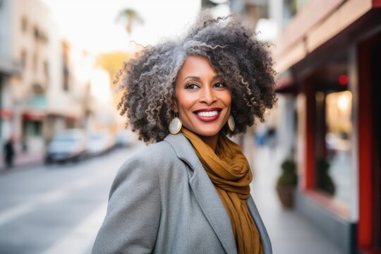 Smiling elegant attractive black mature businesswoman looking at the camera