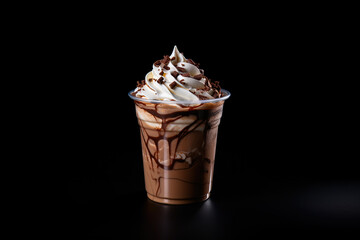 Chocolate milkshake in plastic takeaway cup isolated on black background