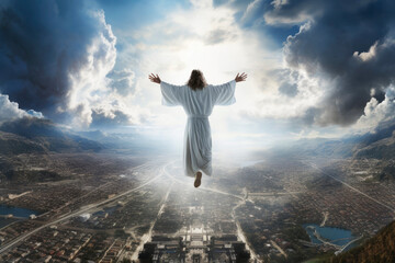 Fototapeta na wymiar Jesus Christ from the back in the sky. Generative AI