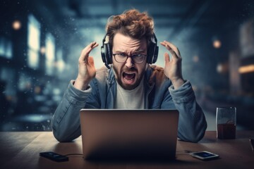 a young man in headphones working in front of a laptop monitor at home. Online streaming or online video call. Modern technology. Generative Ai
