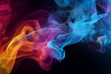 Colorful smoke flowing on a dark background, dynamic color smoke on a dark background, Generative AI
