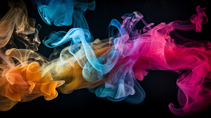 Colorful smoke flowing on a dark background, dynamic color smoke on a dark background, Generative AI