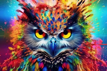 Naklejka premium owl form and spirit through an abstract lens. dynamic and expressive owl print by using bold brushstrokes, splatters, and drips of paint. owl raw power and untamed energy 