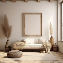 Mockup picture poster frame in nomadic boho interior decor design with rustic accents in a 3d render