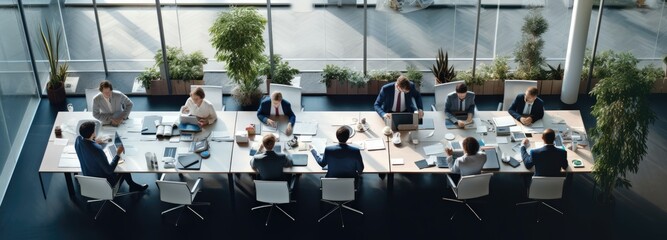 Top view of business people working in office - obrazy, fototapety, plakaty