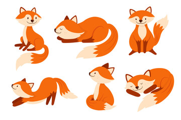 Set of cute cartoon fox in different actions. Vector in flat style.