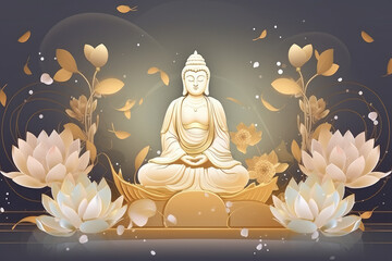 Buddha in Mediation with lotuses flowers, generative AI	
