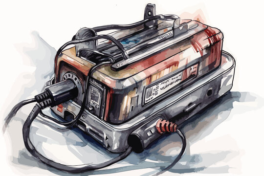 Car Battery Charger Watercolor White Background.