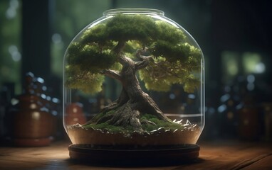 Bonsai tree in a glass jar on the wooden table created with Generative AI technology


