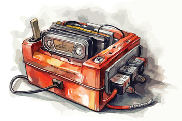 Car battery charger watercolor white background.