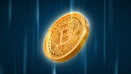 Golden coins with bitcoin rise in bull market. cryptocurrency Bitcoin BTC go up in trading.