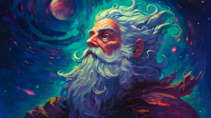 wise space elder with a long mustache and starry eyes.