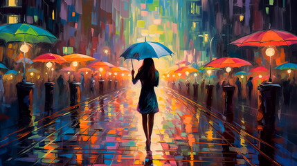 young woman dancing in the rain with large colorful umbrellas.