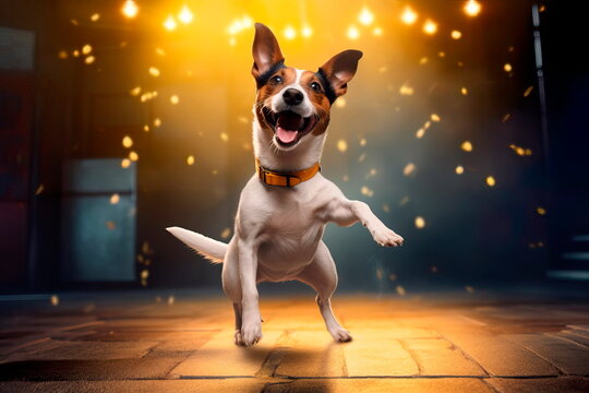 happy dog dancing on two legs and smiling.