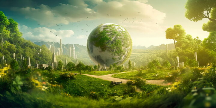 eco-friendly Labor Day background emphasizing sustainability and environmental awareness, with green landscapes, renewable energy sources, and eco-conscious practices. Generative AI