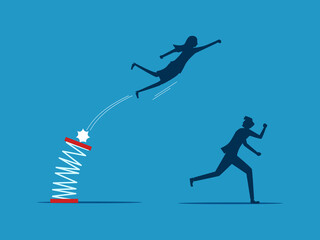 Businesswoman jumping high with spring over others. gain a competitive advantage in business vector