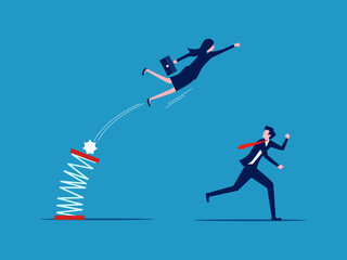 Businesswoman jumping high with spring over others. gain a competitive advantage in business vector