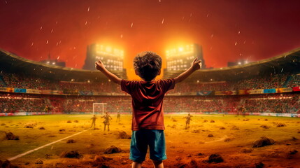 Fototapeta na wymiar football field where a boy scores a goal, rejoicing in his success.