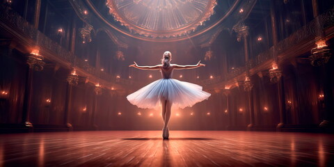 graceful ballerina performing an elegant dance on stage. - obrazy, fototapety, plakaty