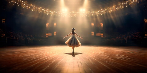 graceful ballerina performing an elegant dance on stage. - obrazy, fototapety, plakaty