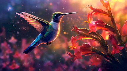 hummingbird collecting nectar from a flower with a stream of colored flowers in the background.