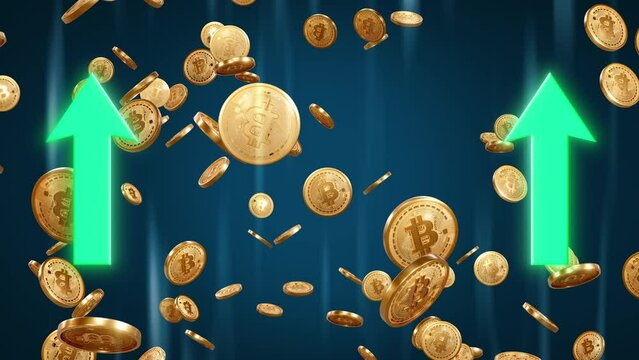 Golden coins with bitcoin rise in bull market. cryptocurrency Bitcoin BTC go up in trading.