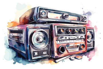 Old car radio cassette watercolor white background.