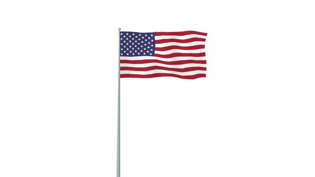 Animation of America waving flag on flag pole with alpha channel transparent background