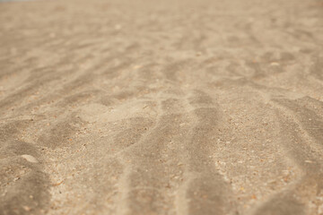 Fototapeta na wymiar Sand pattern texture. Sand waves on the beach. Wave, sand dunes, dry desert, brown or yellow colored.