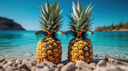 Ripe pineapple with glasses on beach sand