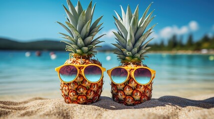 Ripe pineapple with glasses on beach sand
