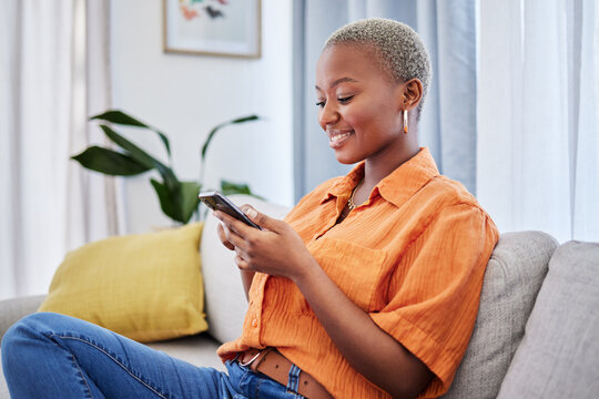House, phone or happy black woman on social media connected to internet with website notification. News, digital or African girl online typing or texting on networking mobile app to search content