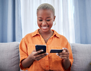 Home, phone or happy black woman with credit card or phone on payment on internet website or...