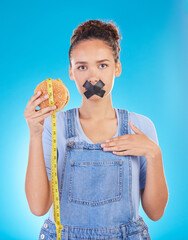 Burger, diet and woman tape mouth for fast food and weight loss gives bad, disgust and frustrated...