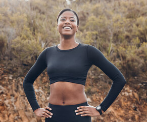 Fitness, running and happy with portrait of black woman in nature for health, workout and...