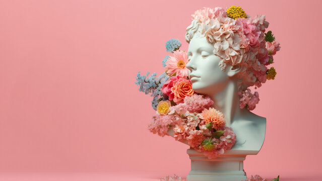 Statue of a woman with flowers on a pink background with copy space. 