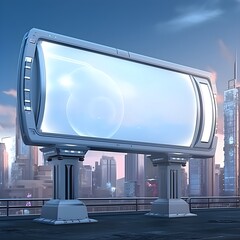 Futuristic cityscape with an empty billboard in focus
