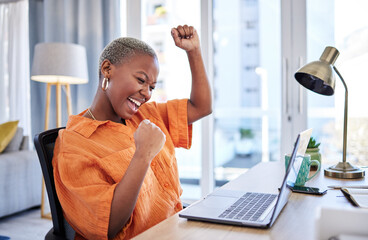 Businesswoman, laptop or winner with fist pump for winning, success or promotion bonus in home...