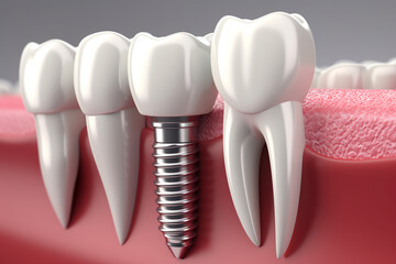 Dental implantation, teeth with implant screw, 3d illustration