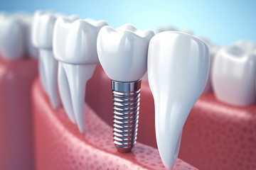 Fototapeta na wymiar Dental implantation, teeth with implant screw, 3d illustration