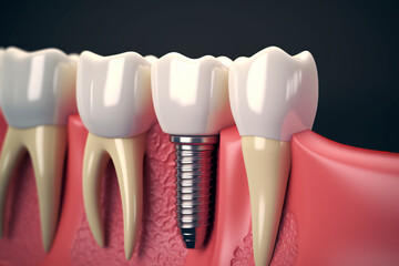 Dental implantation, teeth with implant screw, 3d illustration