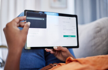 Credit card, tablet or hands of woman typing info payment on ecommerce website for investment at home. Girl, online shopping screen or financial trader trading with digital money on internet fintech
