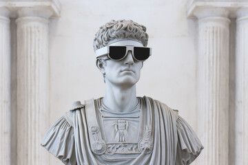 Fototapeta premium Technology, history and fine-art concept. Roman sculpture wearing virtual reality goggles. Bust of male with glasses. Generative AI