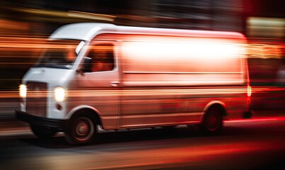 Fast delivery van illuminating the streets with bright lights. Creating using generative AI tools