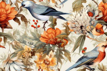 Seamless botanical pattern with birds. Generative AI