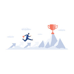 Businessman jumping on the graph to goal. Trophies on mountain, flat vector modern illustration