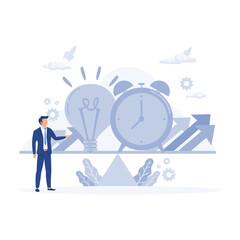 Balance between time and cost of an idea, Mechanical scales with clock and light bulb in pans, flat vector modern illustration